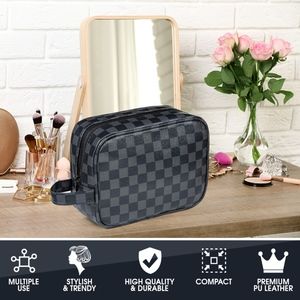 Luxouria Leather Checkered Makeup Bag (Black)